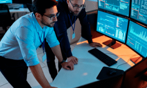 Infinity Tech Consulting professionals analyzing real-time data dashboards on multiple monitors in technology operations center