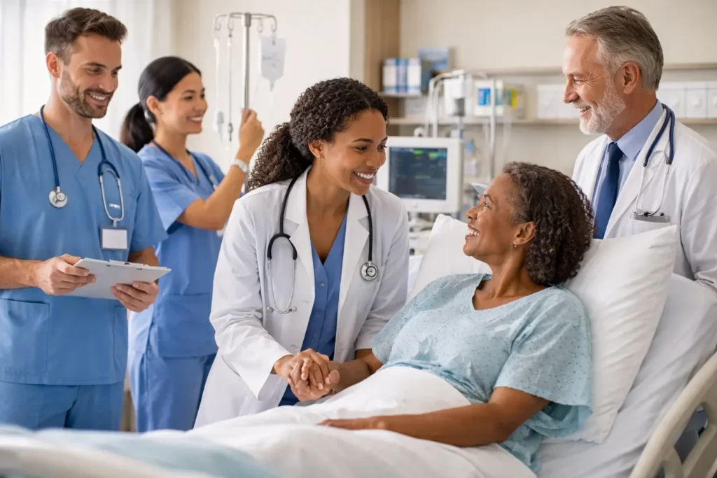 Infinity Tech Consulting supports healthcare teams like doctors and nurses consulting with hospital patient in Atlanta GA medical facility
